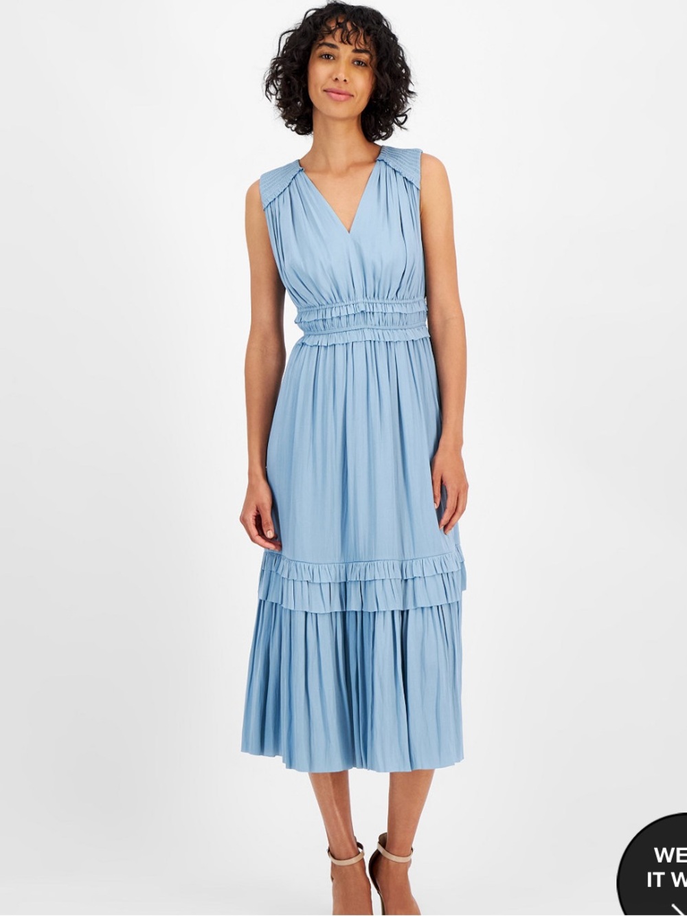 T Tahari Light Blue Sleeveless V-Neck Tiered Midi Dress